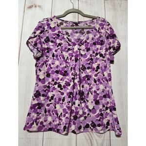 East 5th Womens XL Purple Black Polka Dot Pleated V-Neck Short Sleeve Blouse